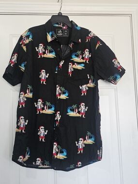 Rugby University  Black Santa with Holiday Print Button-Down Size Large Shirt{B6